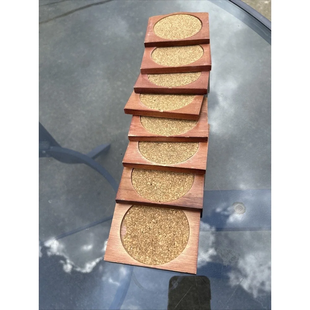 Vintage Mid Century Drawer Coaster Set, Brass / Wood / Cork / Set of 8